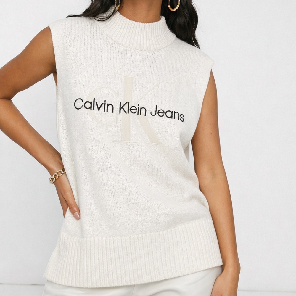 Calvin Klein Jeans Cream Embroidery Logo Mock Neck Side Slit Tank Tunic Medium